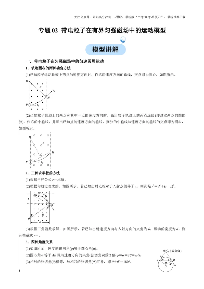 《专题02带电粒子在有界匀强磁场中的运动模型（学生版）_04-物理-高考总复习_专项复习_2025年_2025年高中高考物理模型与方法_资料_3高中（全册）_选择性必修第二册》第1页预览