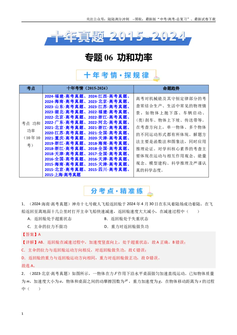 《专题06功和功率-（全国通用）（解析版）_04-物理-高考总复习_专项复习_2025年_十年（2015-2024）高考物理真题分类汇编（全国通用）》第1页预览