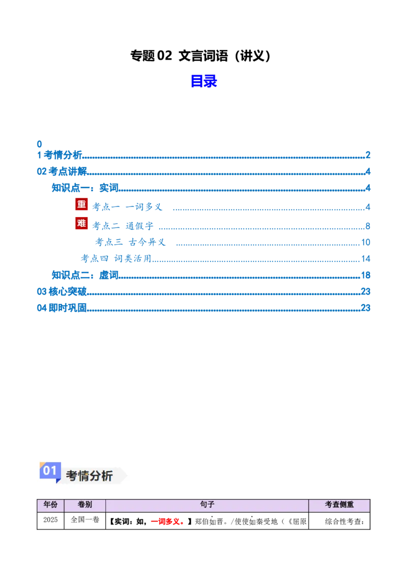《专题02文言词语（讲义）（全国通用）（教师版）(1)_二轮复习_2026年-语文二轮复习_12026年高考语文二轮复习古诗文阅读（全国通用）》第1页预览