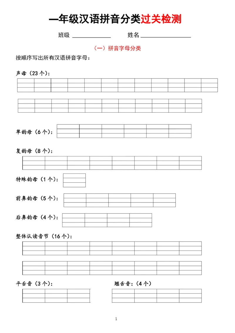 《一（上）语文汉语拼音分类过关检测_小学1-6年级全科全套_1-6年级全科上册_一年级_语文_语文一上拼音专项练习》第1页预览