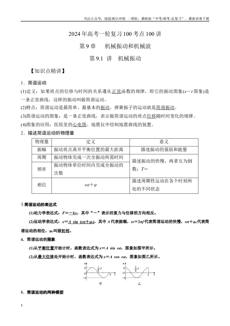 《9.1机械振动（解析版）高考一轮复习100考点100讲_04-物理-高考总复习_一轮复习_2024年_2024年高考物理一轮复习100考点100讲_资料》第1页预览