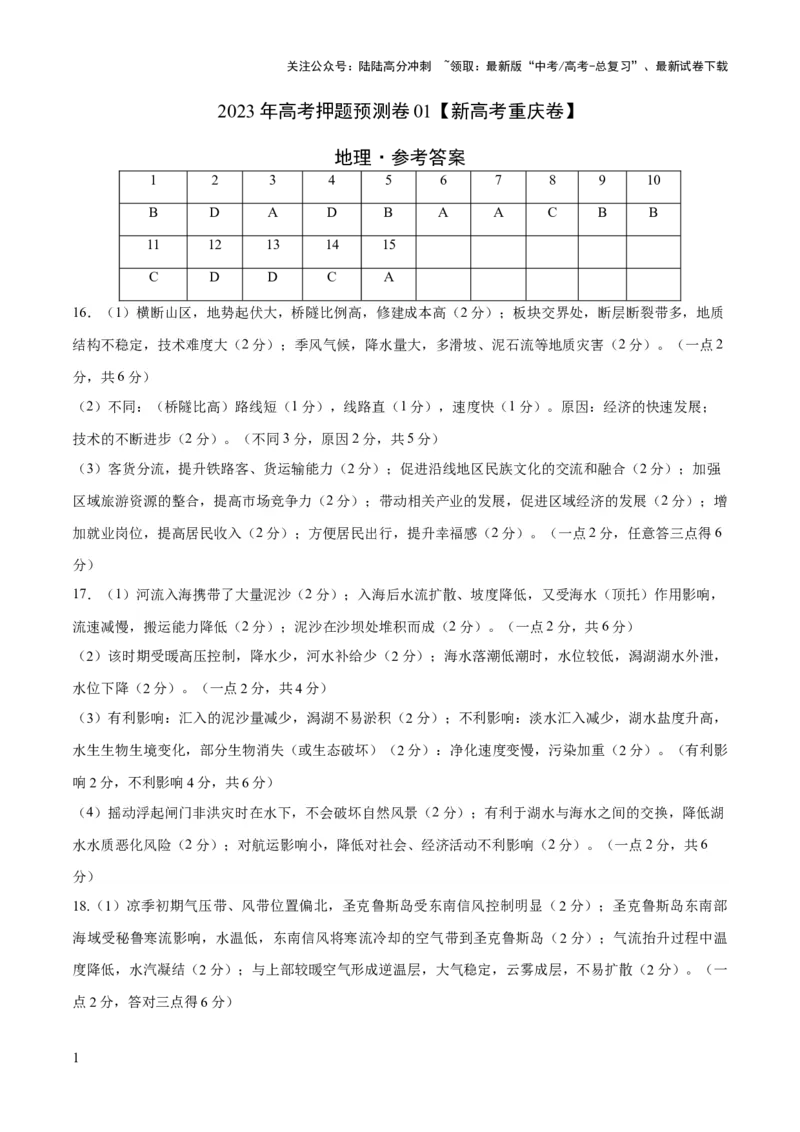 《2023年高考押题预测卷01（新高考重庆卷）-地理（参考答案）_07-地理-高考总复习_专项复习_2024年_2023年地理高考押题预测卷01》第1页预览