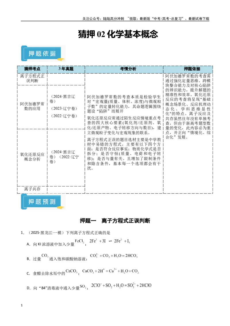 《猜押02化学基本概念（教师版）_05-化学-高考总复习_专项复习_2025年_2025年高考化学抢押秘籍（黑吉辽蒙专用）》第1页预览