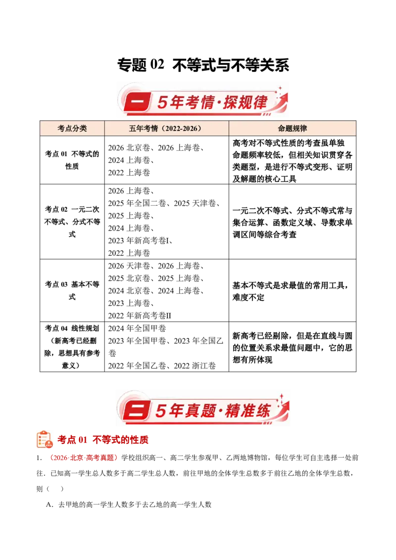 《专题02不等式与不等关系(原卷版)_小初高学习资料合集（每天更新）_2027版高考《2022-2026五年真题分类汇编》高考（数学）》第1页预览