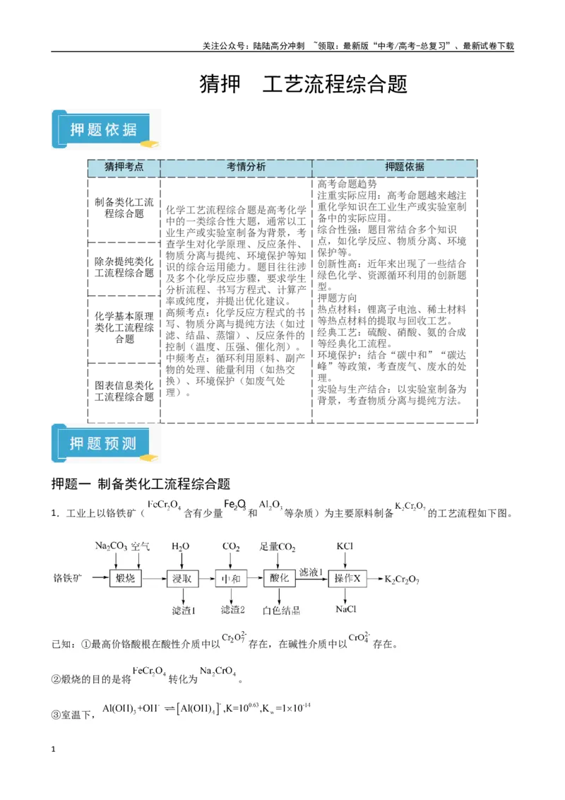 《猜押工艺流程综合题（教师版）_05-化学-高考总复习_专项复习_2025年_2025年高考化学抢押秘籍（陕西、山西、宁夏、青海专用）》第1页预览