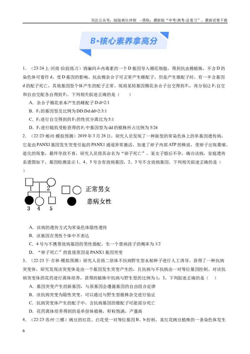 《专题04遗传的基本规律和人类遗传病（分层练）（原卷版）_06-生物-高考总复习_二轮复习_2024年_2024年高考生物二轮复习高频考点追踪与预测（新高考专用）_分层练》第6页预览