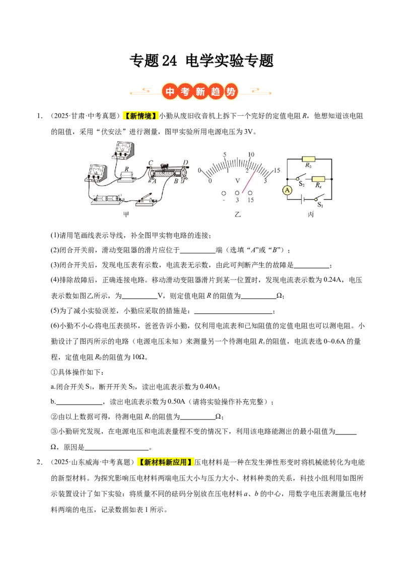 《专题24电学实验专题（原卷版）_小初高学习资料合集（每天更新）_2023-2025三年中考真题分类汇编_三年真题分类汇编中考物理26年》第1页预览
