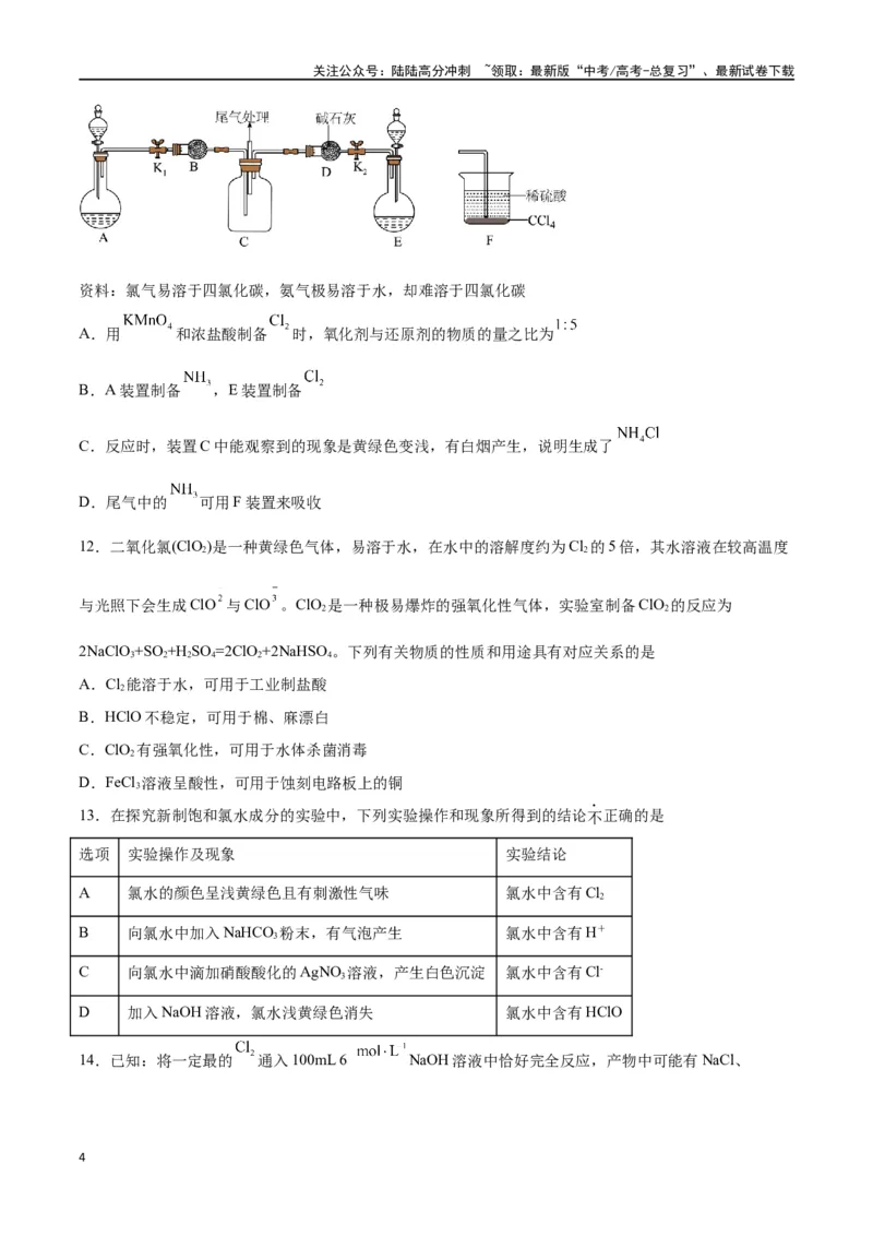 《第10讲氯及其化合物（练）-（原卷版）_05-化学-高考总复习_一轮复习_2024年_2024年高考化学大一轮复习精讲精练+专题讲座_资料》第4页预览