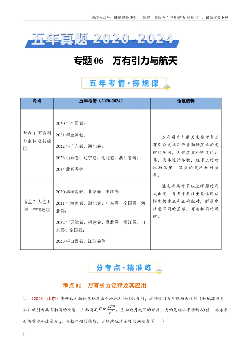 《专题06万有引力与航天（原卷版）_04-物理-高考总复习_专项复习_2024年_2024年高考物理真题分类汇编（全国通用）》第1页预览