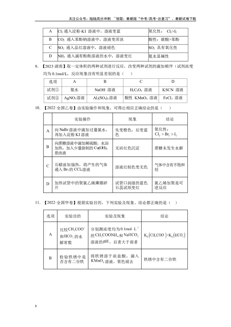 《第05讲专题五实验、现象与结论及因果判断（附高考真题）-（新教材新高考）_05-化学-高考总复习_二轮复习_2024年_2024年高考化学二轮复习讲义高考真题新教材新高考_资料》第6页预览