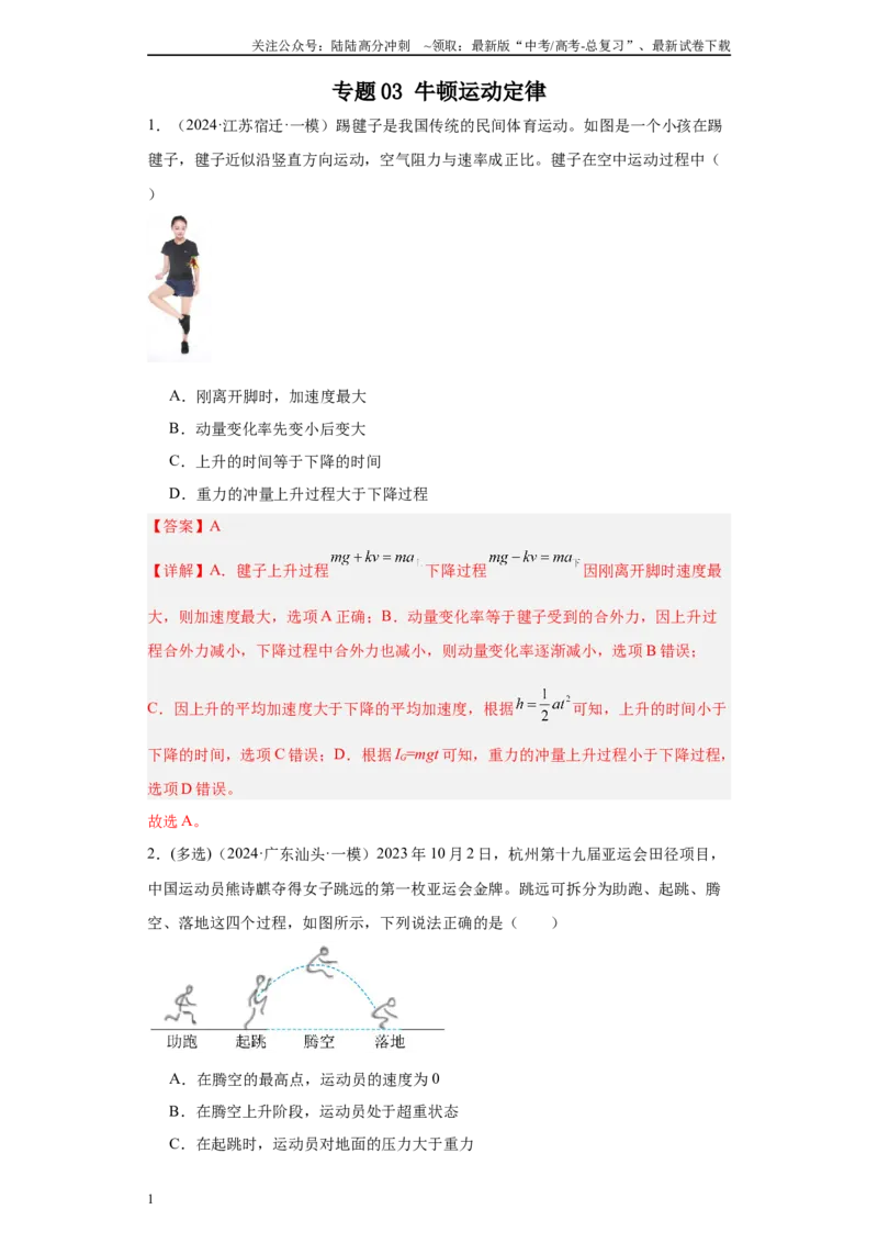 《专题03牛顿运动定律（解析版）_04-物理-高考总复习_专项复习_2025年_2024年高考一模试题分类汇编物理新高考专用》第1页预览