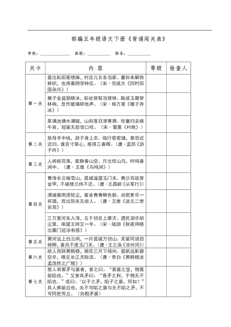 《部编5年级语文下册《背诵闯关表》打印版_小学1-6年级全科全套_1-6年级全科下册_五年级_五年级下语文_语文五下综合资料小学五年级语文下册_3-10-2-1、复习、知识点、归纳汇总》第1页预览