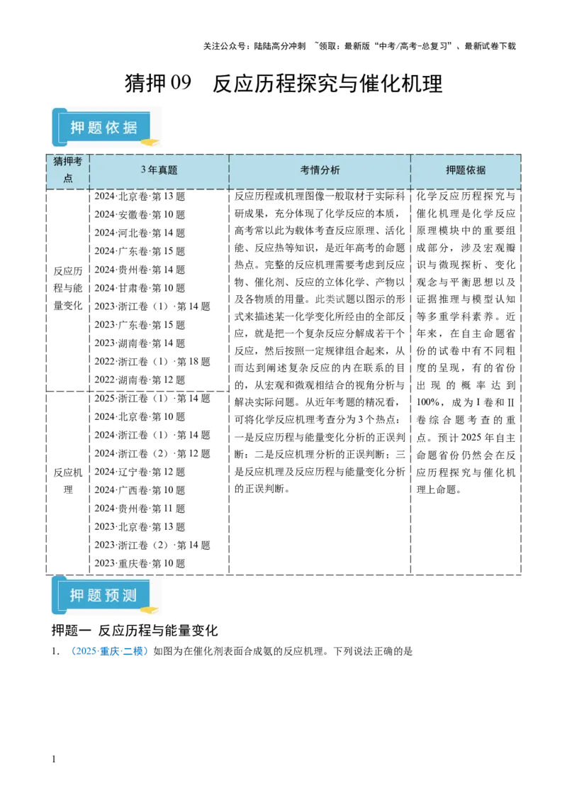 《猜押09反应历程探究与催化机理（解析版）_05-化学-高考总复习_三轮冲刺_2025年高考化学冲刺抢押秘籍（新高考通用）》第1页预览