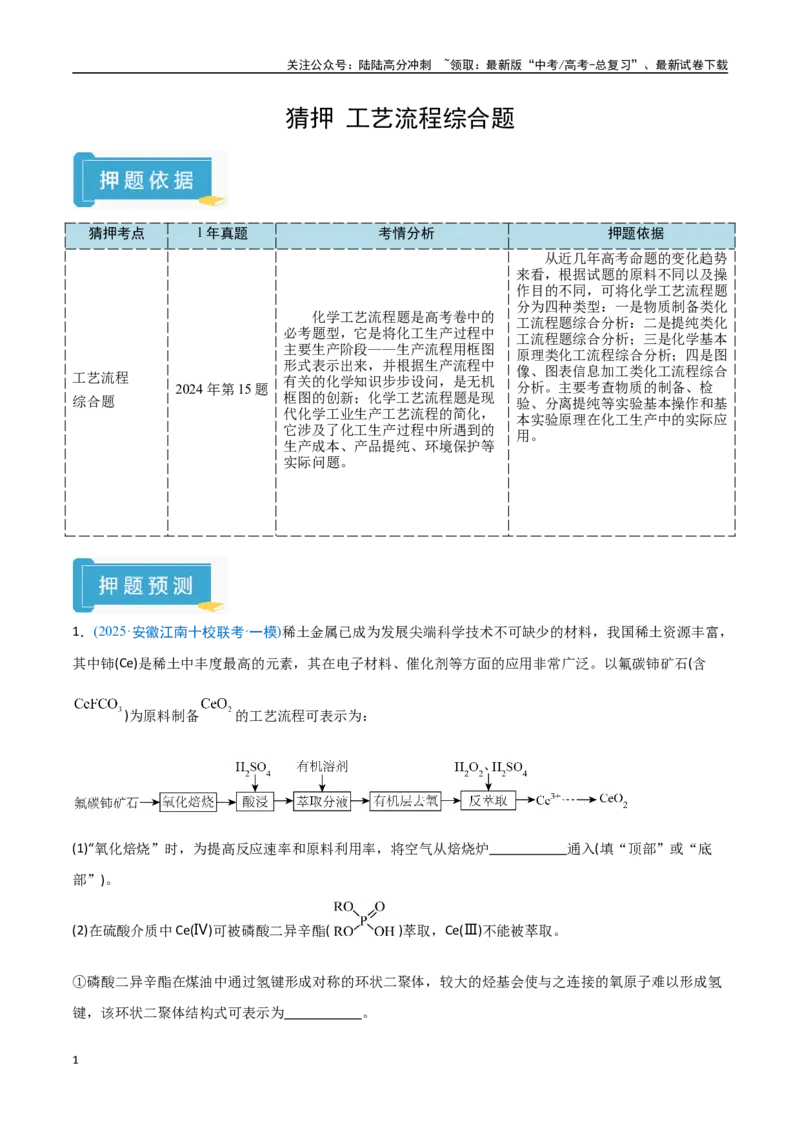 《猜押工艺流程综合题（学生版）_05-化学-高考总复习_专项复习_2025年_2025年高考化学抢押秘籍（安徽专用）》第1页预览