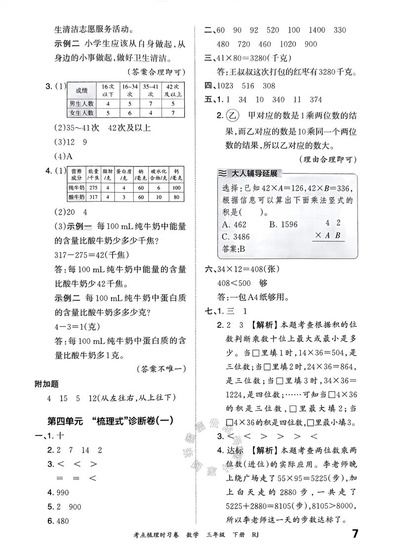 《020.24春人教版数学王朝霞考点梳理时习卷三年级下册答案关注：米妈家长圈_小学1-6年级全科全套_1-6年级全科下册_三年级_其他补充资料_数学人教版资料》第8页预览