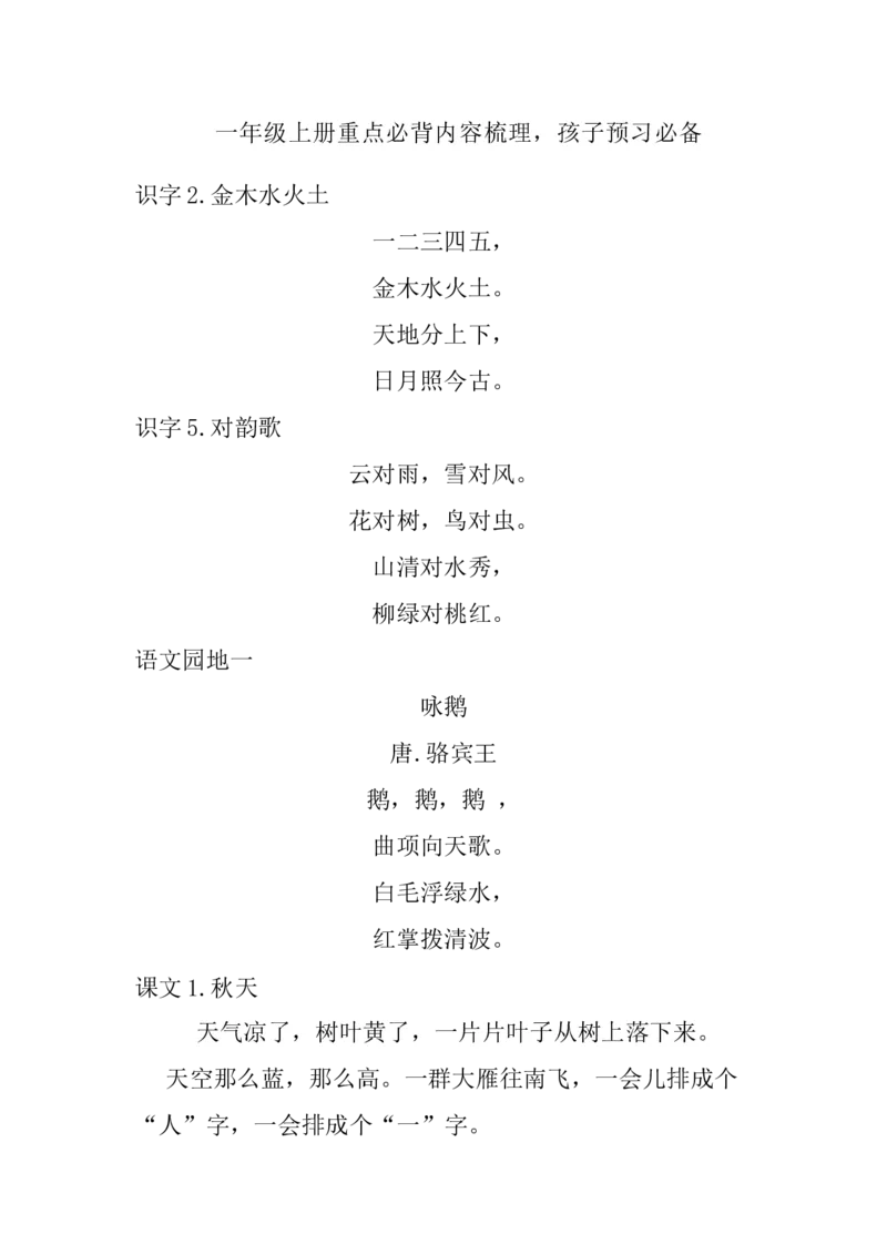 《一（上）语文：重点必背诵内容汇总_小学1-6年级全科全套_1-6年级全科上册_一年级_语文_语文一上期末归类复习》第1页预览