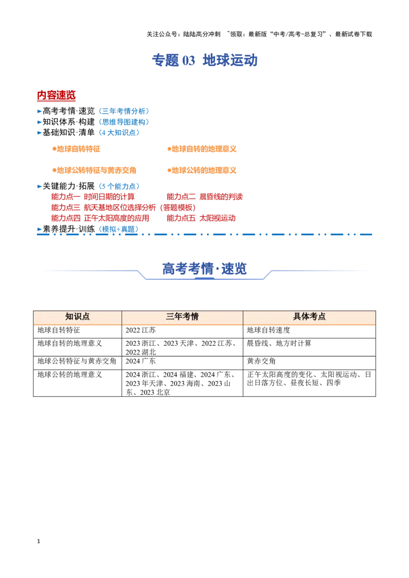 《专题03地球运动（思维导图+4大知识点+5个能力拓展）_07-地理-高考总复习_一轮复习_2025年_2025年高考地理一轮复习知识清单（全国通用）》第1页预览