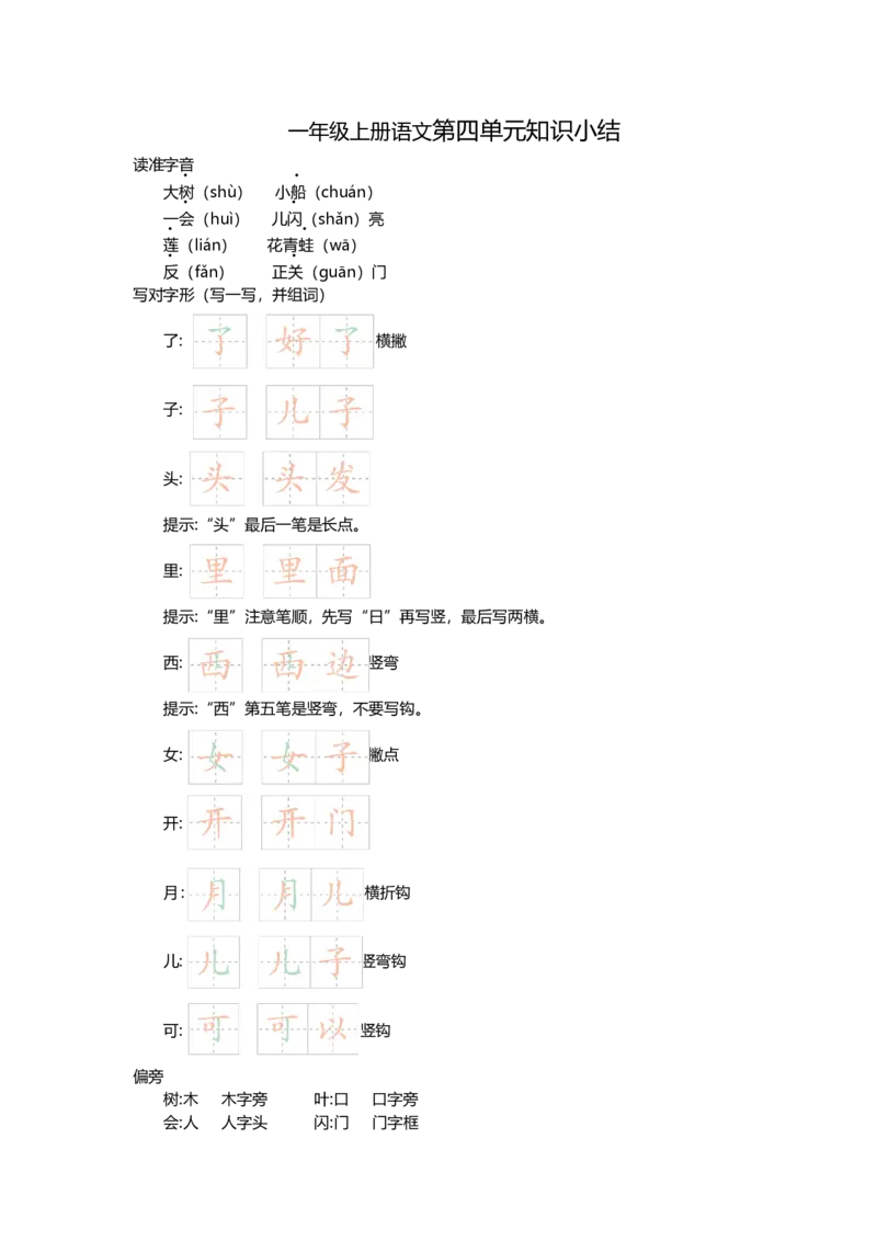 《一（上）语文1-8单元知识重点_小学1-6年级全科全套_1-6年级全科上册_一年级_语文_语文一上单元考点归纳》第9页预览