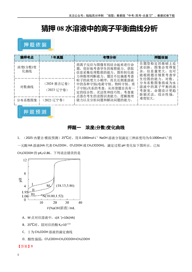 《猜押08水溶液中的离子平衡曲线分析（教师版）_05-化学-高考总复习_专项复习_2025年_2025年高考化学抢押秘籍（黑吉辽蒙专用）》第1页预览