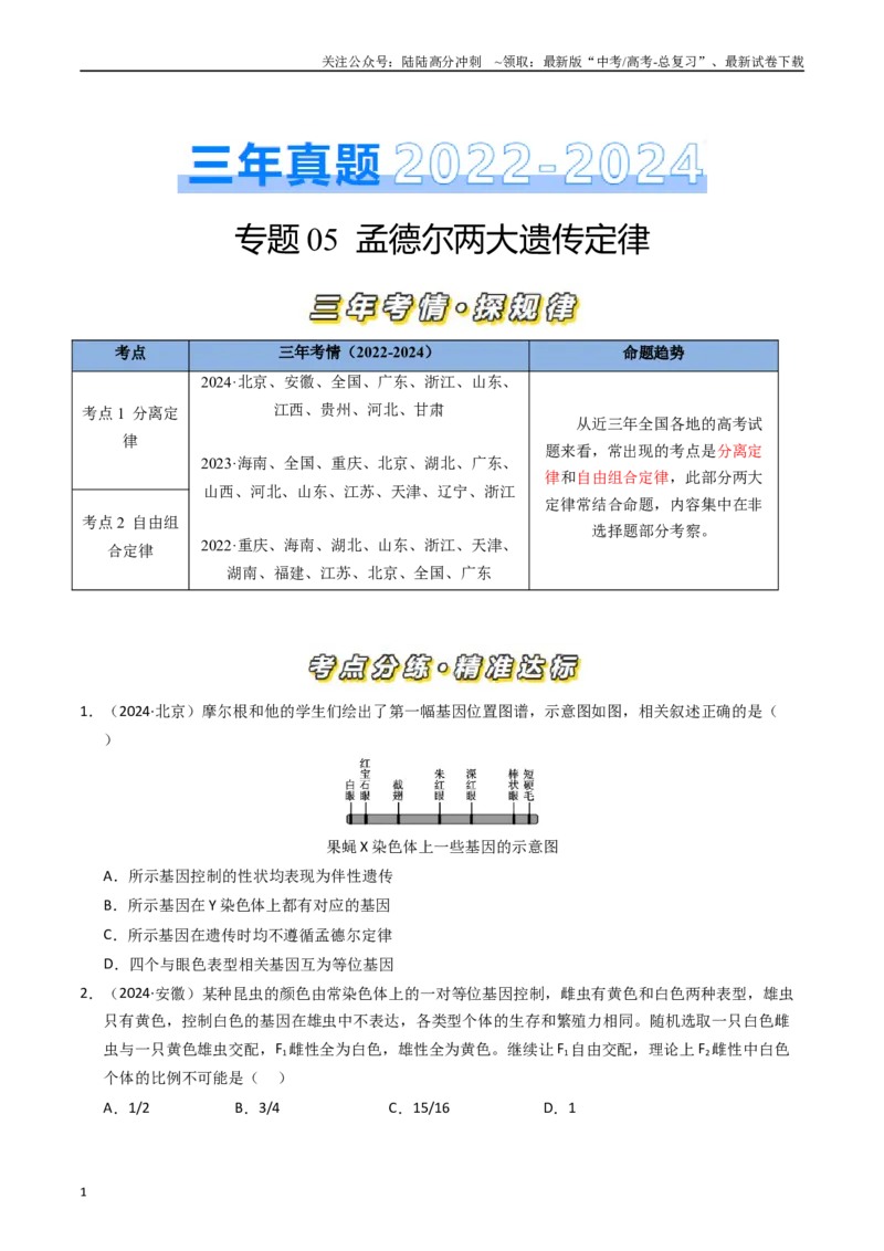 《专题05孟德尔两大遗传定律（原卷版）_06-生物-高考总复习_专项复习_2025年_五年2020-2024高考真题分类汇编生物真题分类汇编（全国通用）》第1页预览