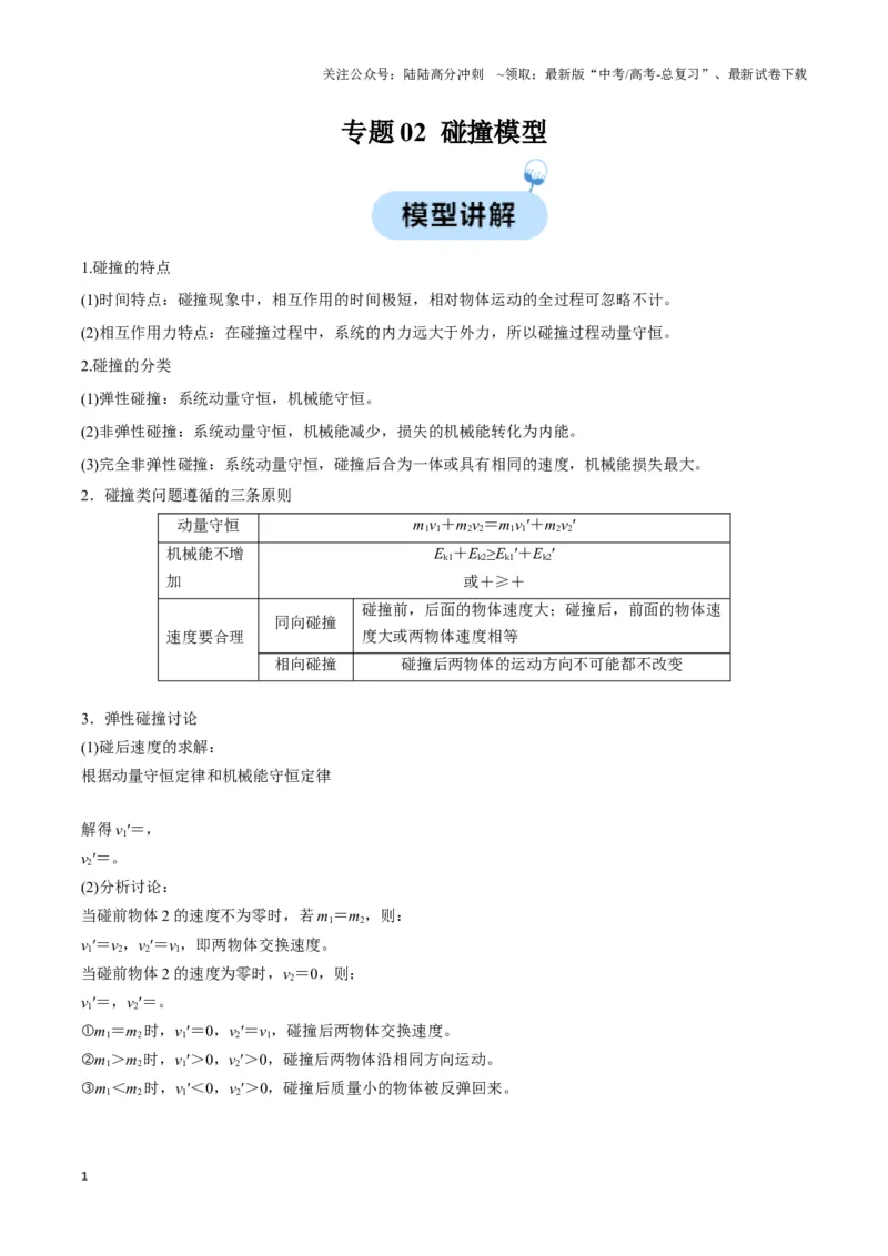 《专题02碰撞模型（教师版）_04-物理-高考总复习_专项复习_2025年_2025年高中高考物理模型与方法_资料_3高中（全册）_选择性必修第一册》第1页预览