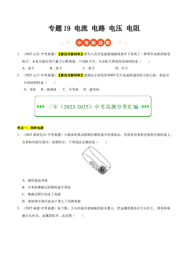 《专题19电流电路电压电阻（原卷版）_小初高学习资料合集（每天更新）_2023-2025三年中考真题分类汇编_三年真题分类汇编中考物理26年》第1页预览