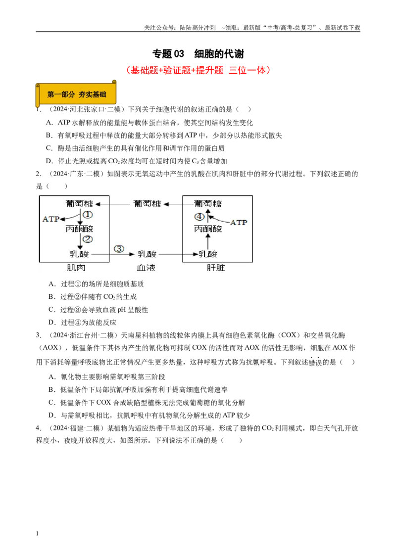 《专题03细胞的代谢（原卷版）_06-生物-高考总复习_专项复习_2025年_2024年高考二模试题分类汇编生物新高考通用》第1页预览