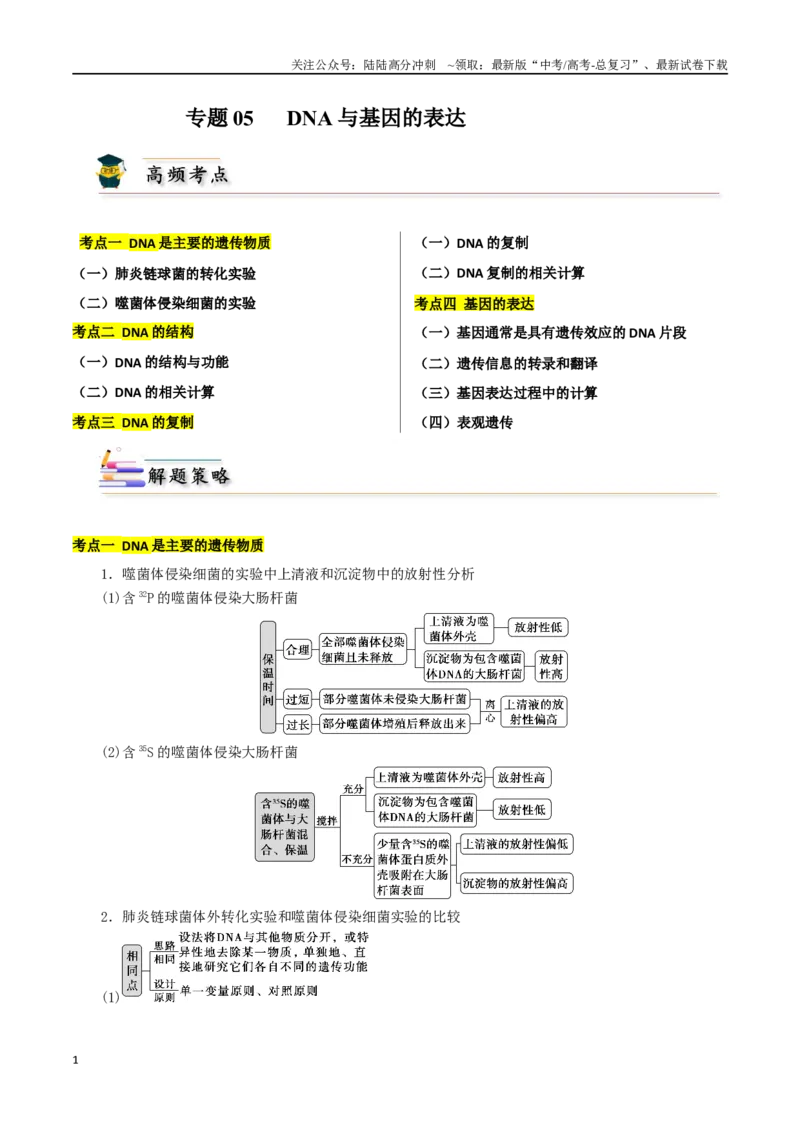 《专题05DNA与基因的表达（原卷版）_06-生物-高考总复习_二轮复习_2024年_2024年高考生物二轮复习考点归纳与解题策略新高考_资料》第1页预览