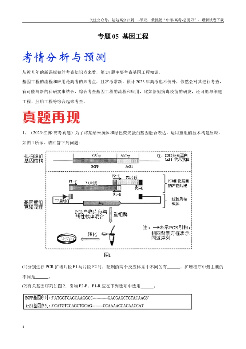《专题05基因工程（江苏卷）（解析版）_06-生物-高考总复习_专项复习_2024年_2024年高考生物考前大题秒杀技巧及专项训练_资料》第1页预览