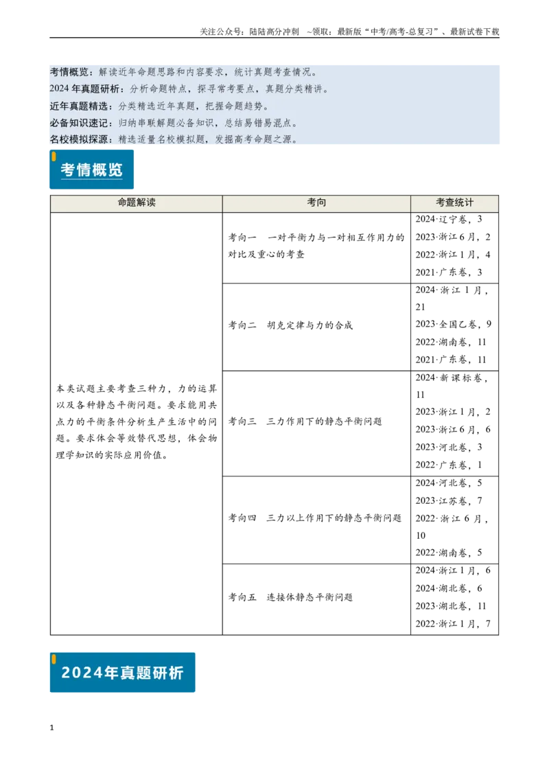《专题02三种力及静态平衡（教师版）_04-物理-高考总复习_专项复习_2025年_2025年高考物理真题题源解密（新高考通用）》第1页预览