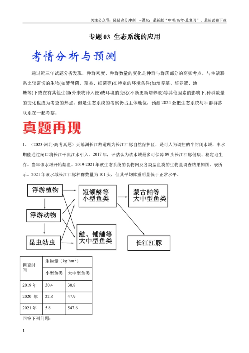 《专题03生态系统的应用（河北卷）（原卷版）_06-生物-高考总复习_专项复习_2024年_2024年高考生物考前大题秒杀技巧及专项训练_资料》第1页预览