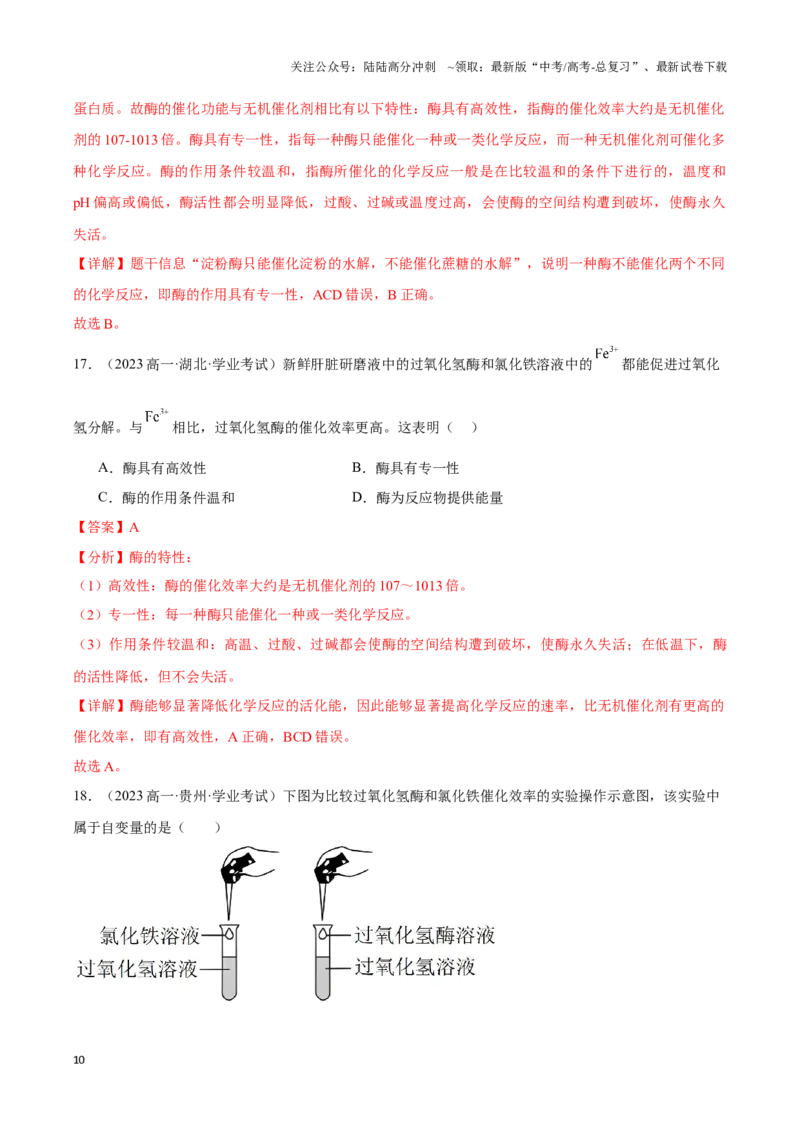 《专题05细胞的能量供应和利用（教师版）_06-生物-高考总复习_专项复习_2025年_2025年高中学业水平合格考生物真题分类汇编（全国通用）》第10页预览