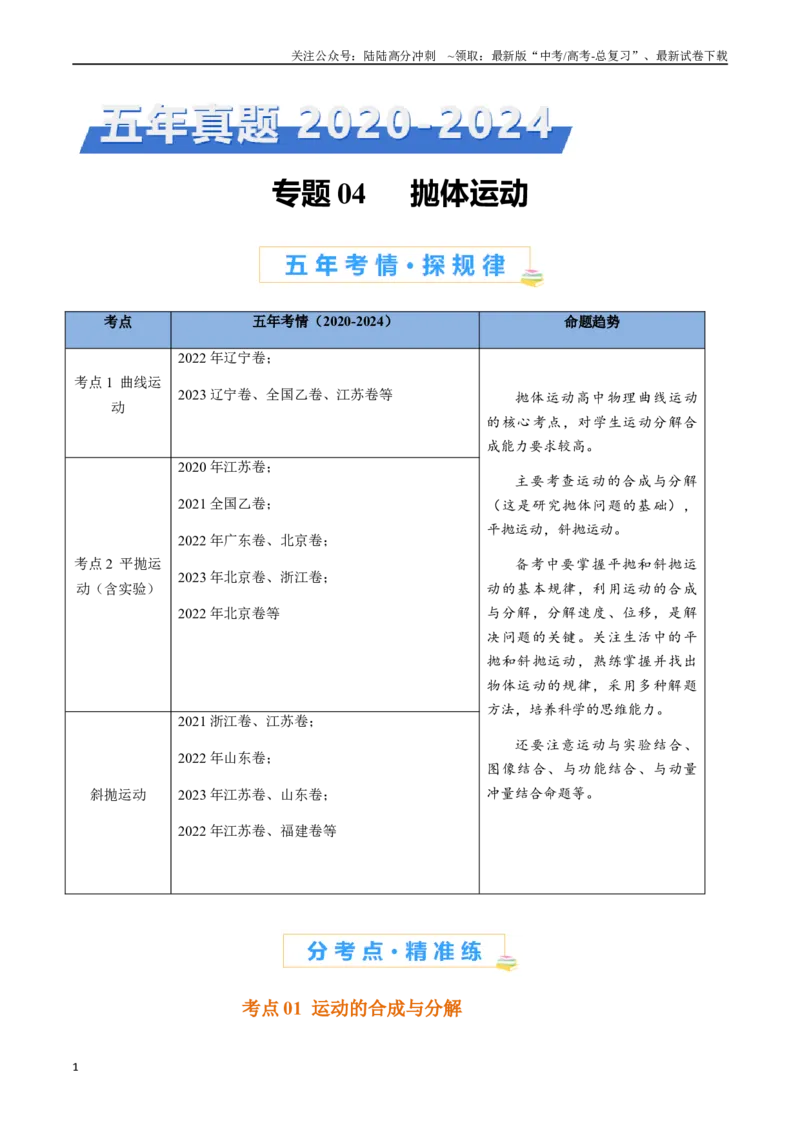 《专题04抛体运动（原卷版）_04-物理-高考总复习_专项复习_2024年_2024年高考物理真题分类汇编（全国通用）》第1页预览