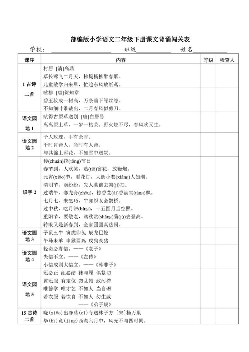 《部编版小学语文2年级下册课文背诵闯关表_小学1-6年级全科全套_1-6年级全科下册_二年级_其他补充资料_热门资料_语文》第1页预览