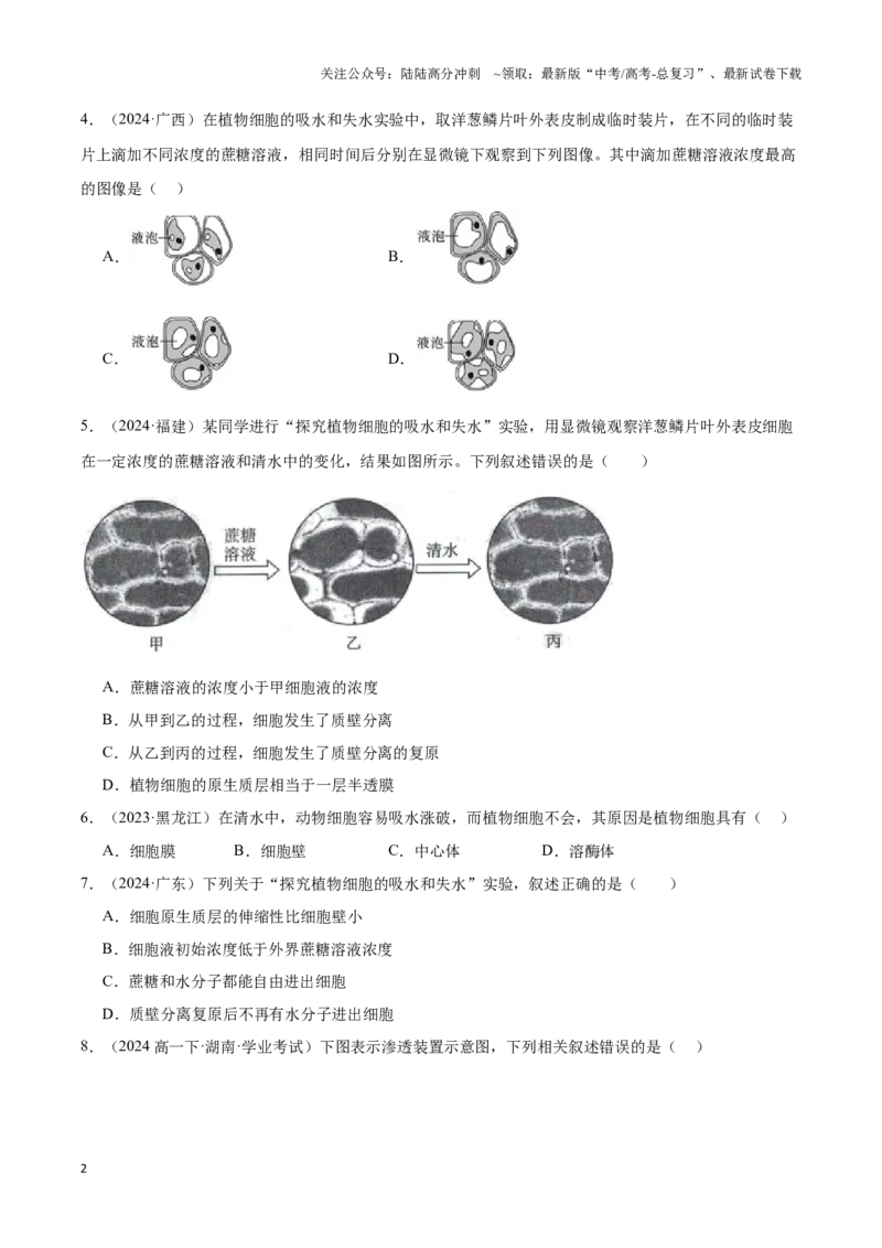 《专题04细胞的物质输入和输出（学生版）_06-生物-高考总复习_专项复习_2025年_2025年高中学业水平合格考生物真题分类汇编（全国通用）》第2页预览