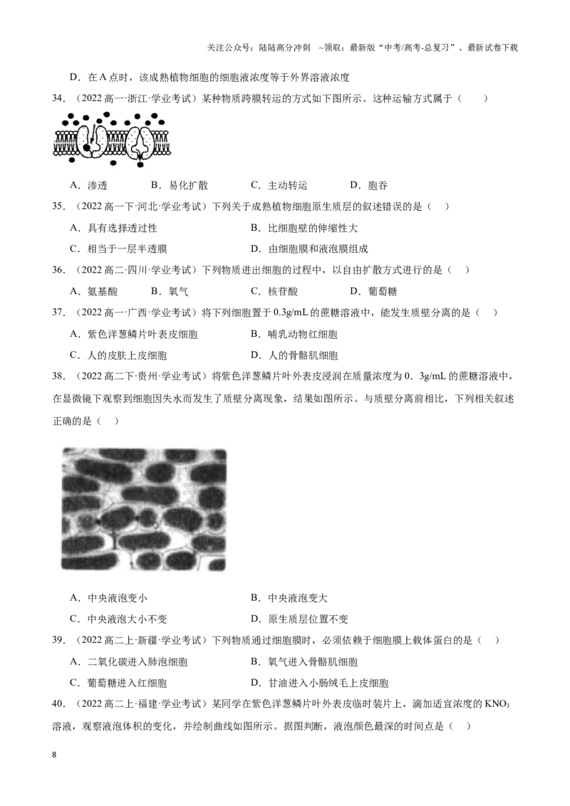 《专题04细胞的物质输入和输出（学生版）_06-生物-高考总复习_专项复习_2025年_2025年高中学业水平合格考生物真题分类汇编（全国通用）》第8页预览