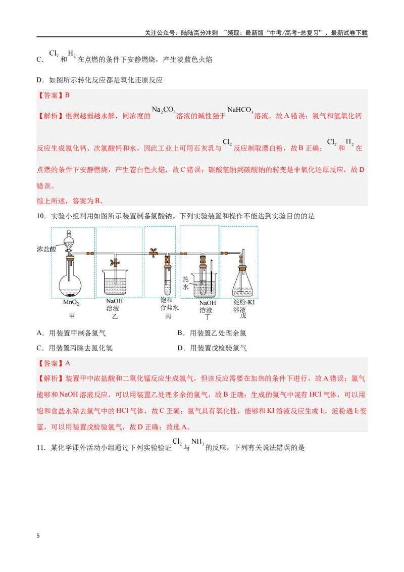 《第10讲氯及其化合物（练）-（解析版）_05-化学-高考总复习_一轮复习_2024年_2024年高考化学大一轮复习精讲精练+专题讲座_资料》第5页预览