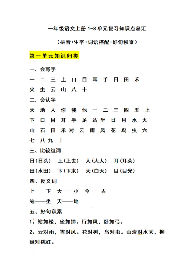 《一（上）语文期末1-8单元知识点归纳_小学1-6年级全科全套_1-6年级全科上册_一年级_语文_语文一上单元考点归纳》第1页预览