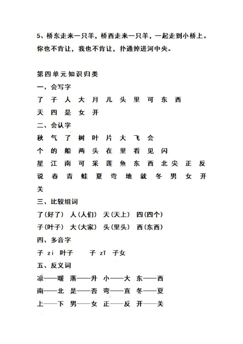 《一（上）语文期末1-8单元知识点归纳_小学1-6年级全科全套_1-6年级全科上册_一年级_语文_语文一上单元考点归纳》第4页预览