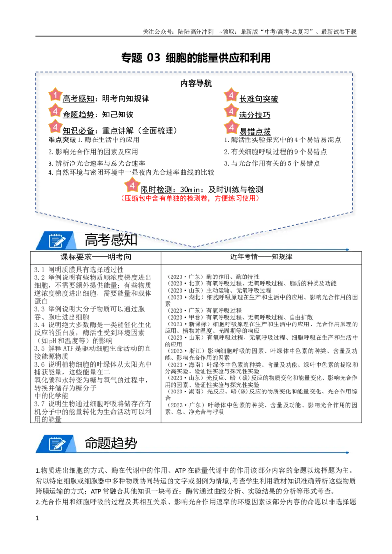 《专题03细胞的能量供应和利用（学生版）_06-生物-高考总复习_专项复习_2024年_2024年高考生物热点·重点·难点专练（新高考专用）》第1页预览