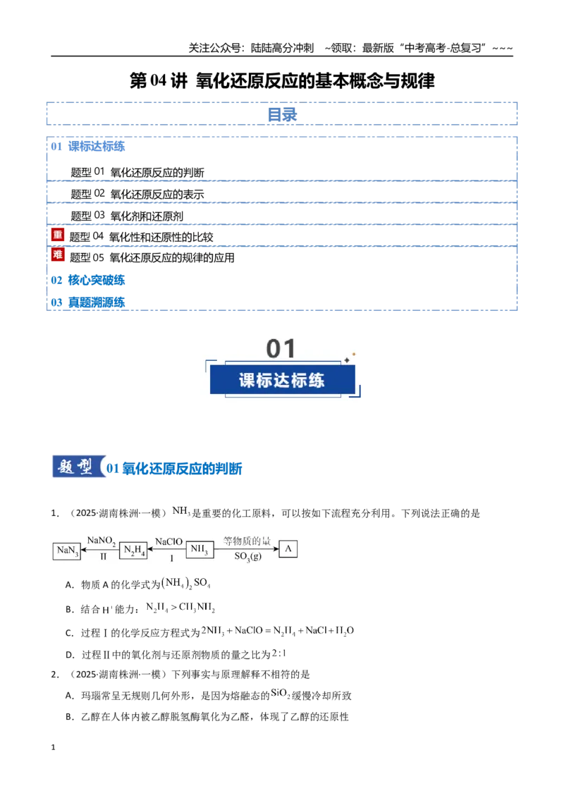 《第04讲氧化还原反应的基本概念与规律（专项训练）（湖南专用）（学生版）_05-化学-高考总复习_一轮复习_2026年-化学高考一轮复习_2026年高考化学一轮课件+讲义+练习（湖南专用）-G331》第1页预览