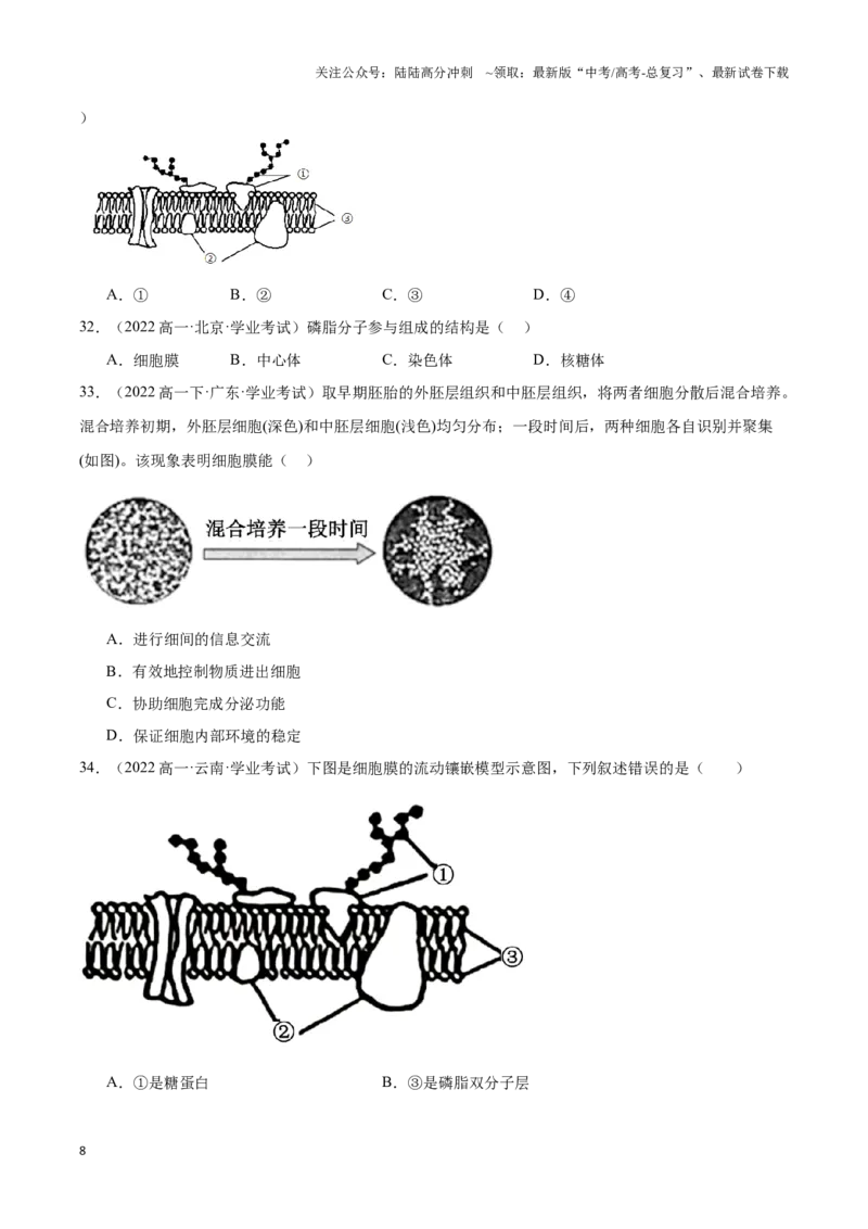 《专题03细胞的基本结构（学生版）_06-生物-高考总复习_专项复习_2025年_2025年高中学业水平合格考生物真题分类汇编（全国通用）》第8页预览