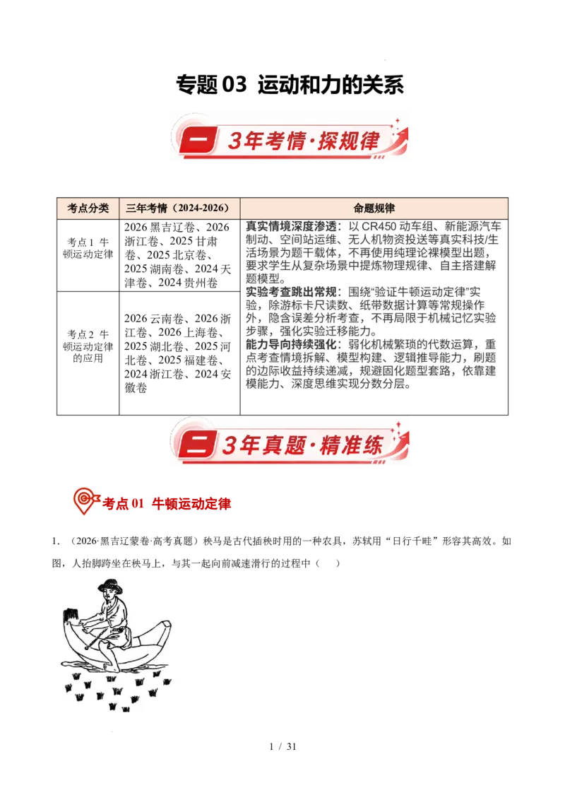 《专题03运动和力的关系（3年汇编）（全国通用）（解析版）_小初高学习资料合集（每天更新）_高考物理真题（2024-2026）分类汇编》第1页预览