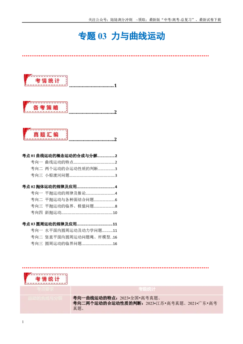 《专题03力与曲线运动（考点解析及应试策略）（原卷版）_04-物理-高考总复习_专项复习_2024年_2024年高考真题考点解析及应试策_资料》第1页预览