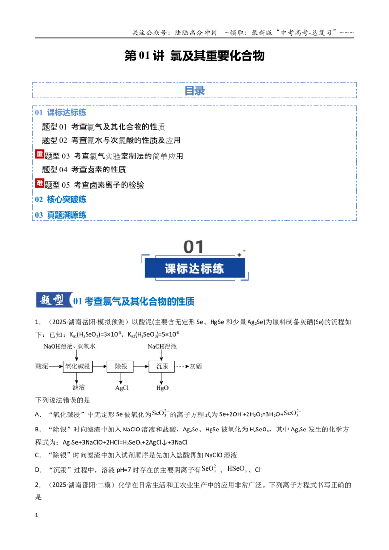 《第01讲氯及其重要化合物（专项训练）（湖南专用）（学生版）_05-化学-高考总复习_一轮复习_2026年-化学高考一轮复习_2026年高考化学一轮课件+讲义+练习（湖南专用）-G331》第1页预览