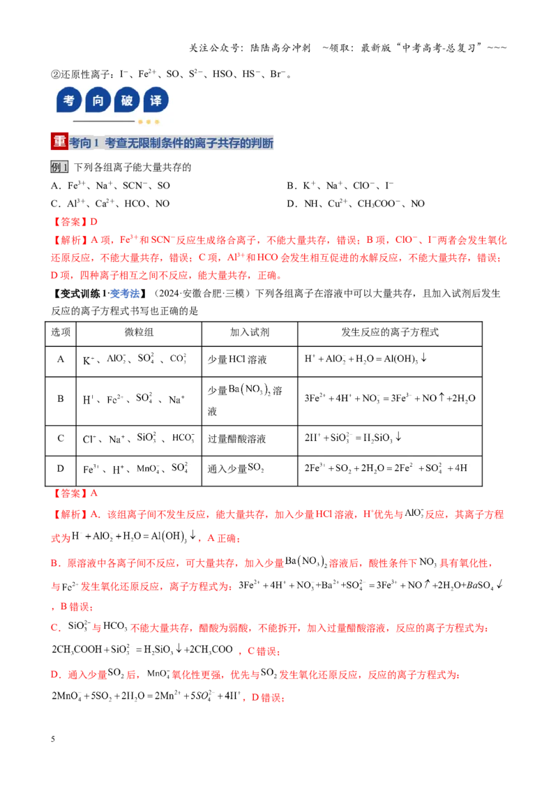 《第03讲离子共存、离子的检验与推断（复习讲义）（安徽专用）（教师版）_05-化学-高考总复习_一轮复习_2026年-化学高考一轮复习_2026年高考化学一轮课件+讲义+练习（安徽专用）-G326》第5页预览
