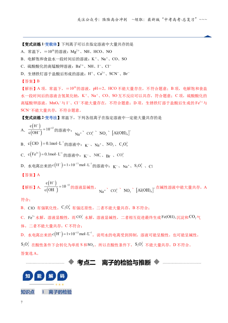 《第03讲离子共存、离子的检验与推断（复习讲义）（安徽专用）（教师版）_05-化学-高考总复习_一轮复习_2026年-化学高考一轮复习_2026年高考化学一轮课件+讲义+练习（安徽专用）-G326》第7页预览