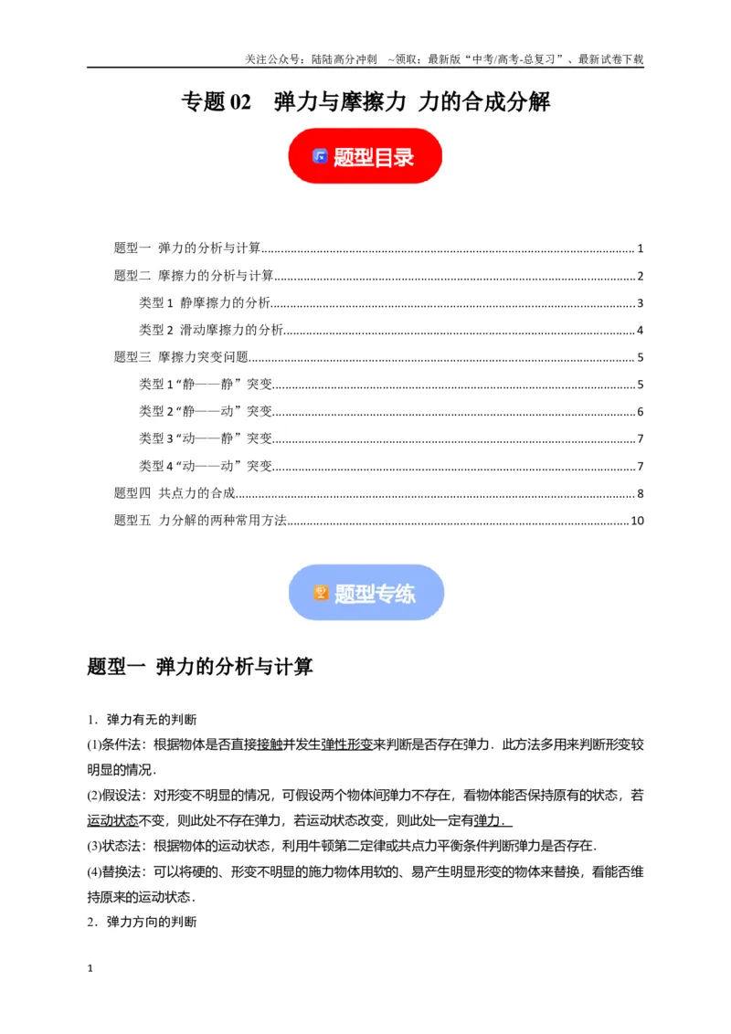 《专题02弹力与摩擦力力的合成分解（原卷版）_04-物理-高考总复习_专项复习_2024年_2024高考物理热点知识清单题型讲练高考复习全国通用_资料》第1页预览