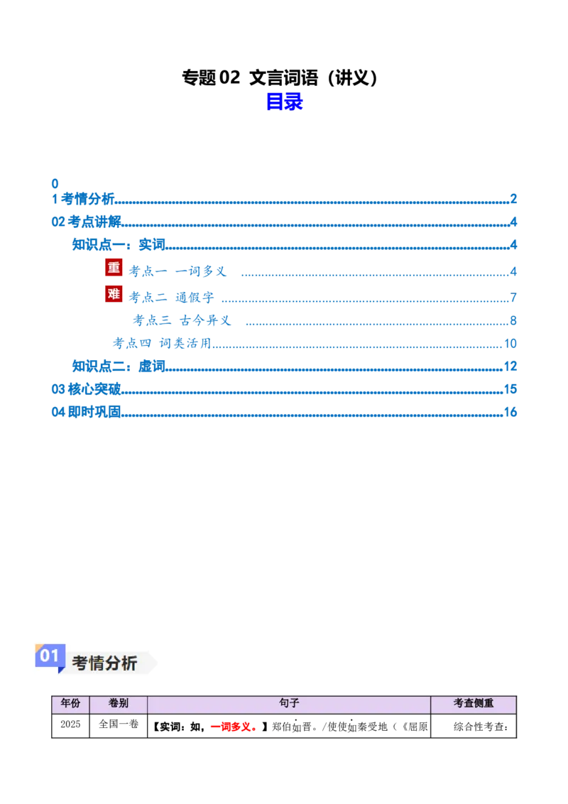 《专题02文言词语（讲义）（全国通用）（学生版）(1)_二轮复习_2026年-语文二轮复习_12026年高考语文二轮复习古诗文阅读（全国通用）》第1页预览
