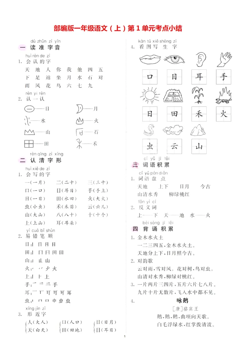 《一（上）语文：1-4单元高频考点总结_小学1-6年级全科全套_1-6年级全科上册_一年级_语文_语文一上期中归类复习》第1页预览
